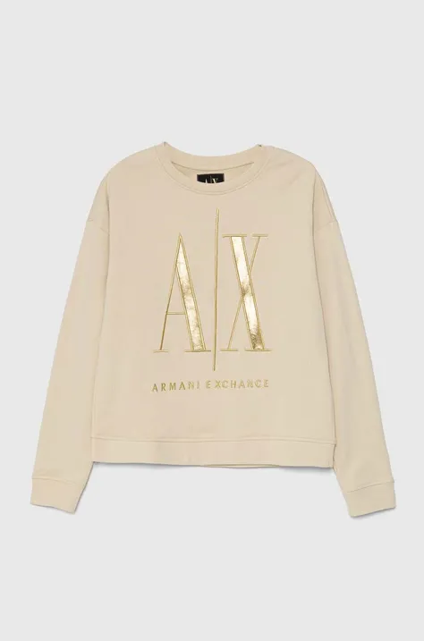 Armani Exchange bluza bawełniana damska kolor brązowy z aplikacją