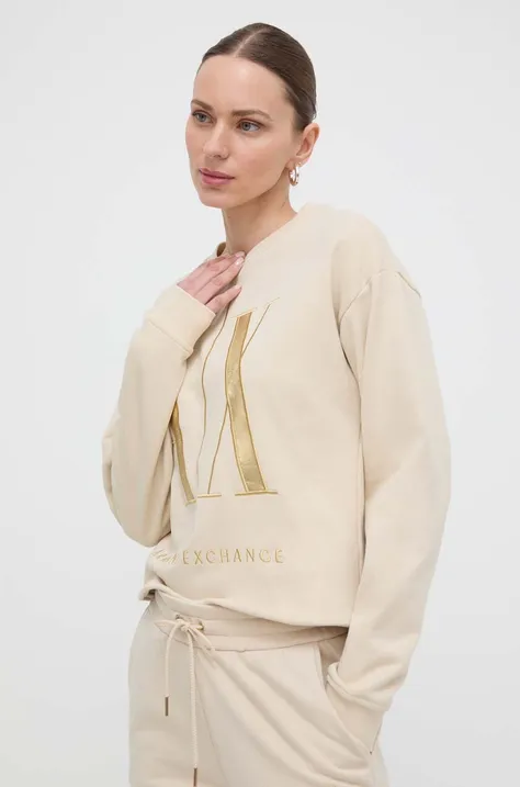 Armani Exchange bluza bawełniana damska kolor beżowy z aplikacją