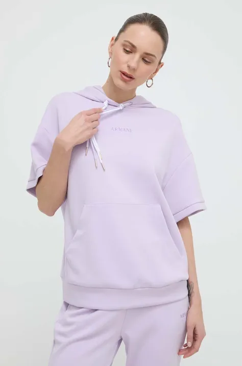 Armani Exchange bluza femei, culoarea violet, cu glugă, cu imprimeu