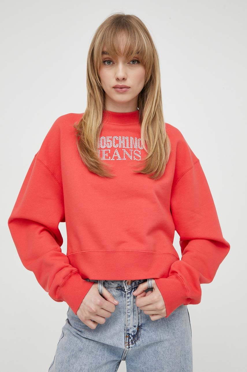 Moschino Jeans hanorac de bumbac femei, culoarea rosu, cu imprimeu