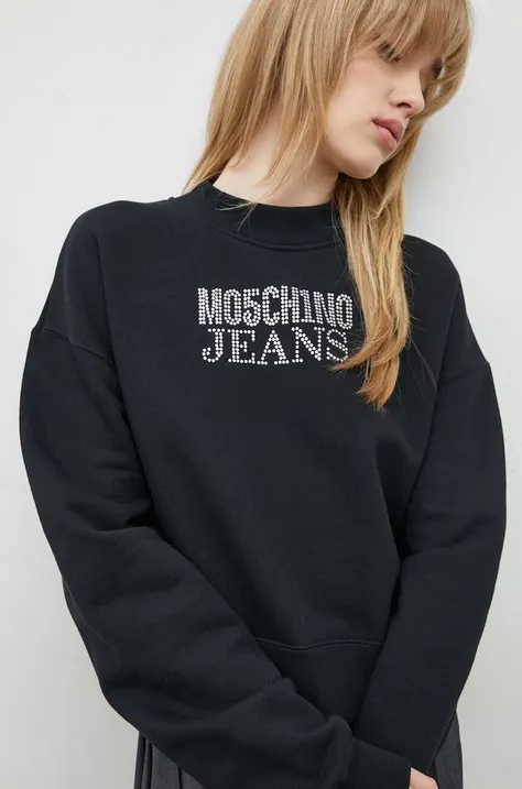 Pamučna dukserica Moschino Jeans za žene, boja: crna, s aplikacijom