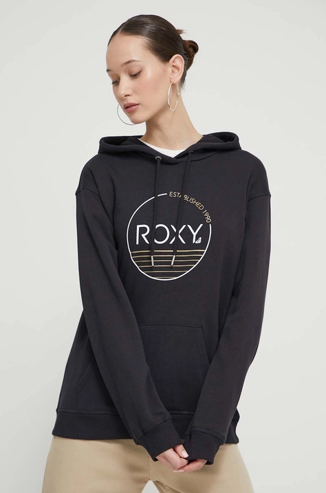 Pulover Roxy ženski, črna barva, s kapuco, ERJFT04815