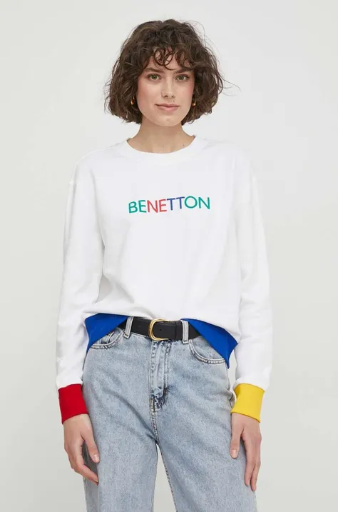 Bavlnená mikina United Colors of Benetton dámska, biela farba, s nášivkou