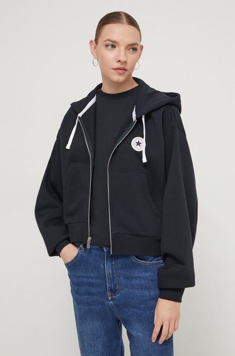 Кофта Converse жіноча колір чорний з капюшоном з принтом
