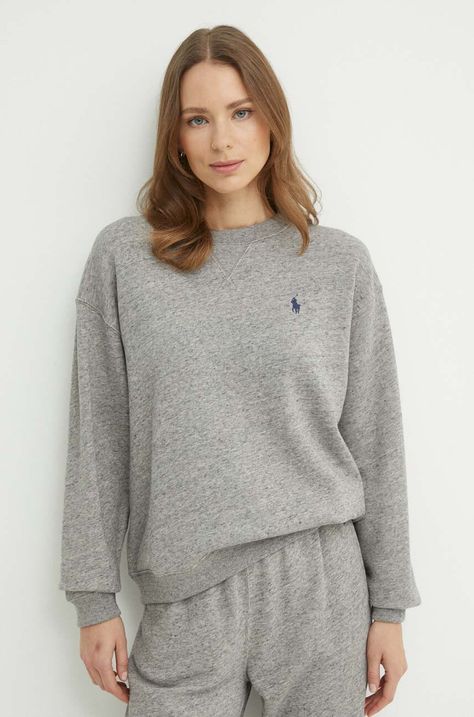 Bavlněná mikina Polo Ralph Lauren dámská, šedá barva, hladká, 211935582