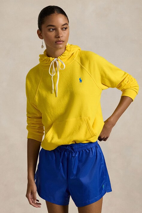Polo Ralph Lauren hanorac de bumbac femei, culoarea galben, cu glugă, modelator, 211935583