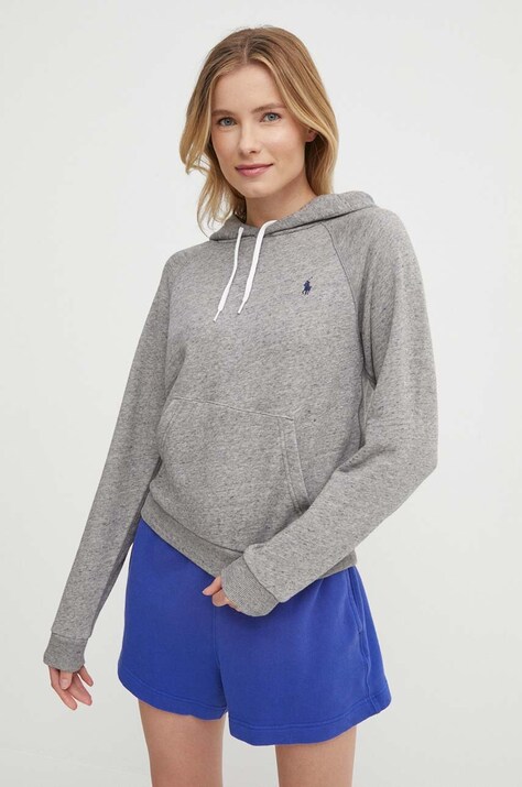 Polo Ralph Lauren hanorac de bumbac femei, culoarea gri, cu glugă, modelator, 211935583