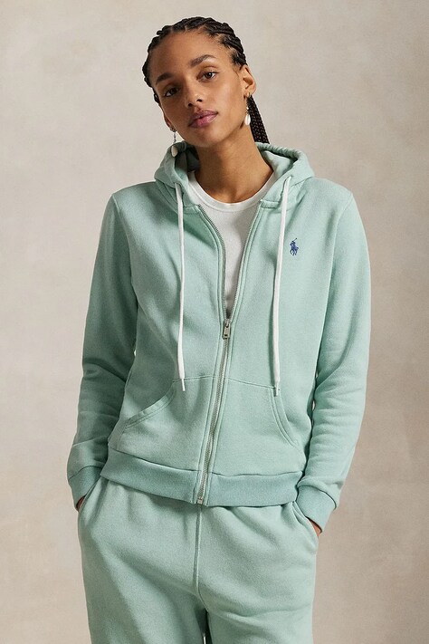 Polo Ralph Lauren hanorac de bumbac femei, culoarea verde, cu glugă, melanj, 211935584