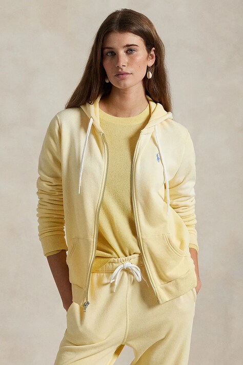 Polo Ralph Lauren hanorac de bumbac femei, culoarea galben, cu glugă, melanj, 211935584