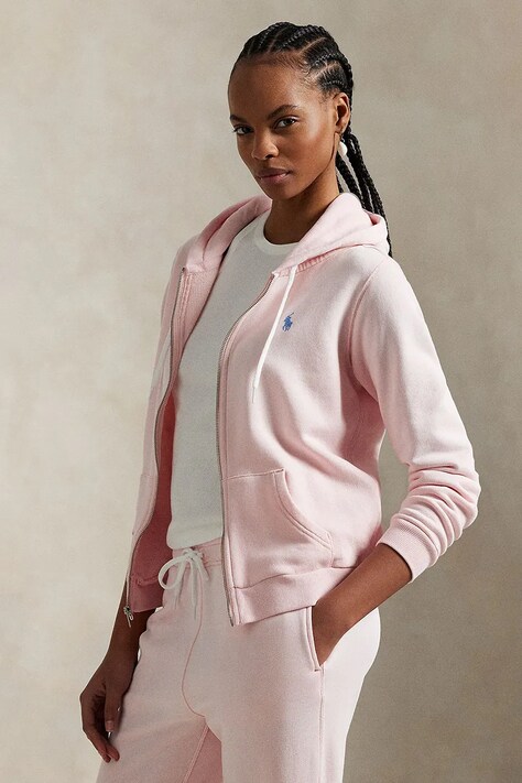 Polo Ralph Lauren hanorac de bumbac femei, culoarea roz, cu glugă, melanj, 211935584
