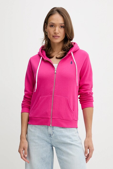Bavlněná mikina Polo Ralph Lauren dámská, růžová barva, s kapucí, melanžová, 211935584