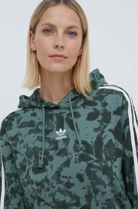 Pamučna dukserica adidas Originals za žene, boja: zelena, s kapuljačom, uzorkom