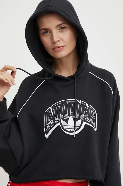 Bombažen pulover adidas Originals ženski, črna barva, s kapuco, IT9772