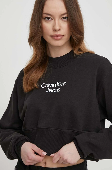 Pamučna dukserica Calvin Klein Jeans za žene, boja: crna, s tiskom