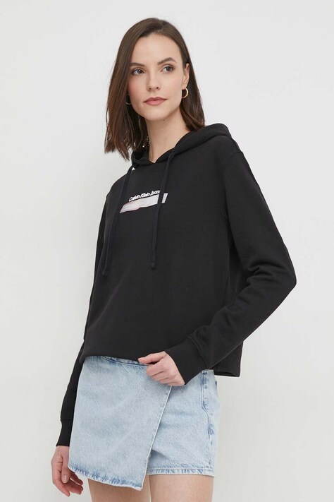 Pamučna dukserica Calvin Klein Jeans za žene, boja: crna, s kapuljačom, s tiskom, J20J223267