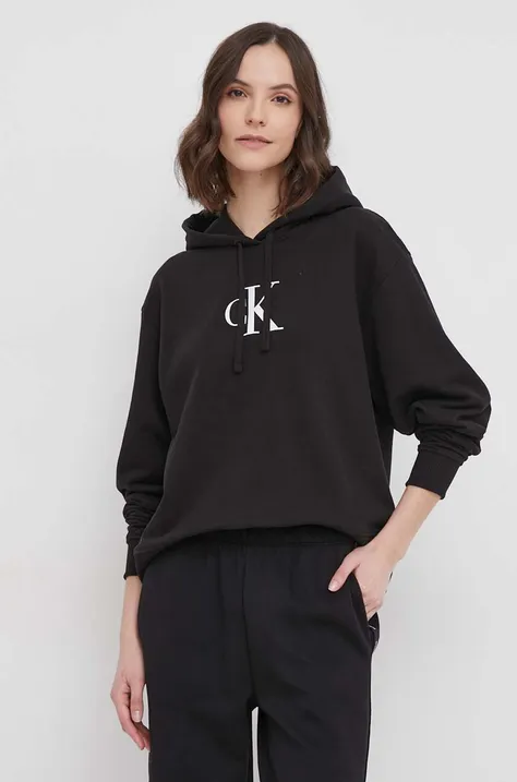 Βαμβακερή μπλούζα Calvin Klein Jeans γυναικεία, χρώμα: μαύρο, με κουκούλα