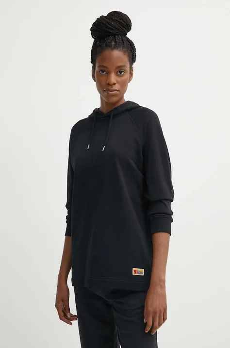 Fjallraven hanorac de bumbac Vardag Hoodie femei, culoarea negru, cu glugă, neted, F86987