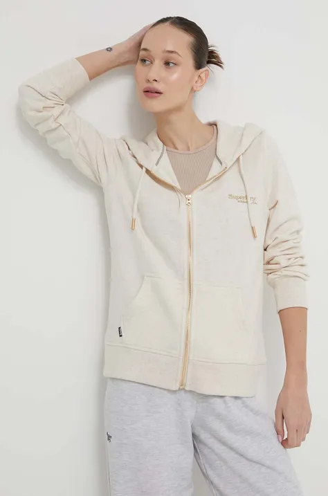 Mikina Superdry dámská, béžová barva, s kapucí, s aplikací