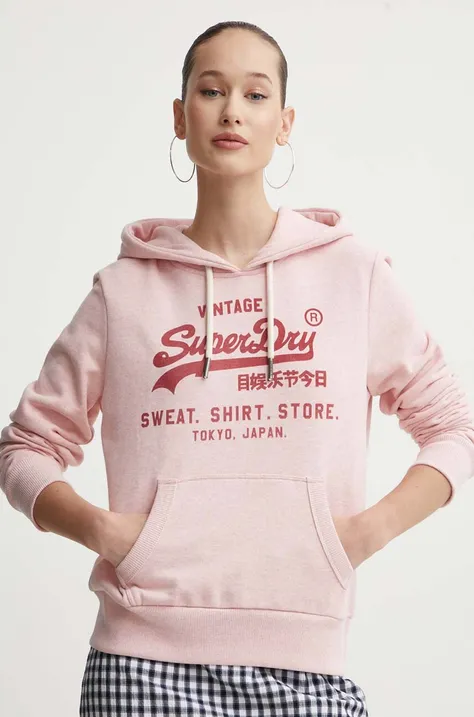 Superdry bluza femei, culoarea roz, cu glugă, cu imprimeu
