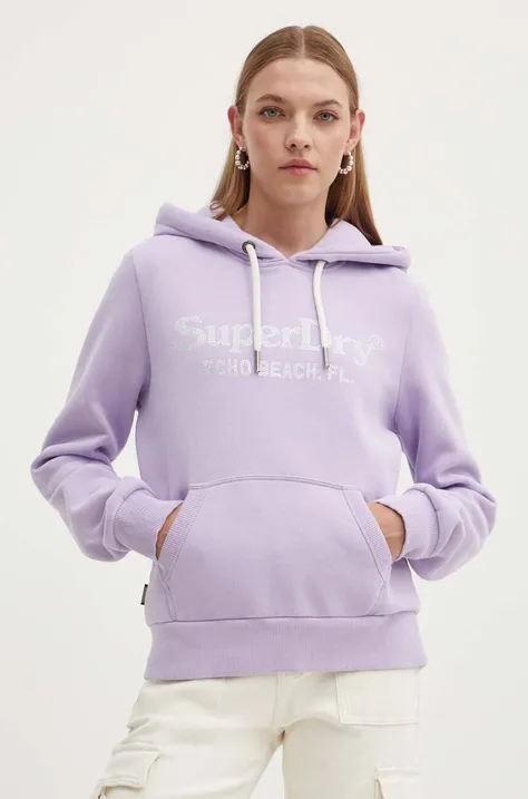 Mikina Superdry dámská, fialová barva, s kapucí, s aplikací
