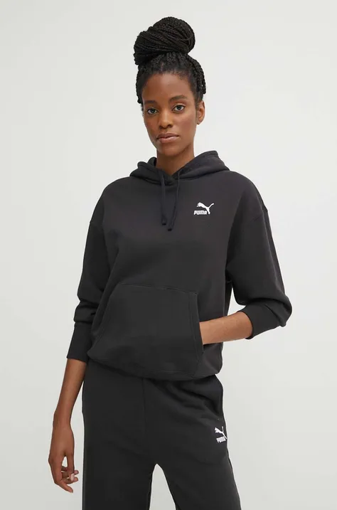 Bombažen pulover Puma BETTER CLASSIC ženski, črna barva, s kapuco, 624227