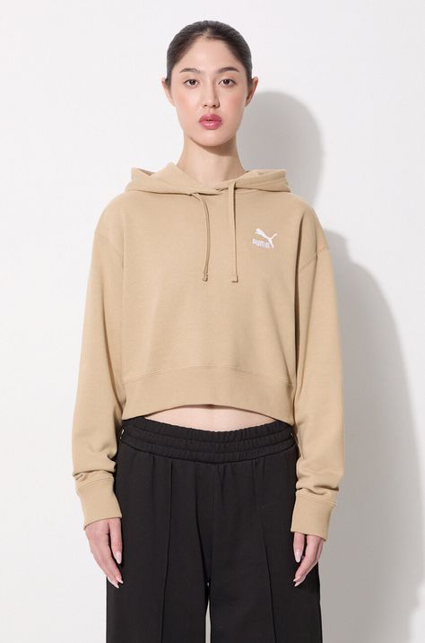 Puma bluza bawełniana BETTER CLASSIC damska kolor beżowy z kapturem z aplikacją 624229