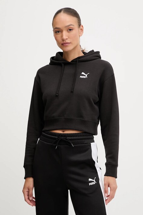 Puma bluza bawełniana BETTER CLASSIC damska kolor czarny z kapturem z aplikacją 624229