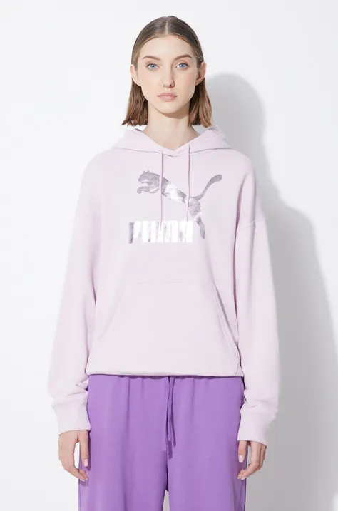 Puma bluză CLASSICS Shiny Logo Hoodie femei, culoarea violet, cu glugă, imprimeu, 625595