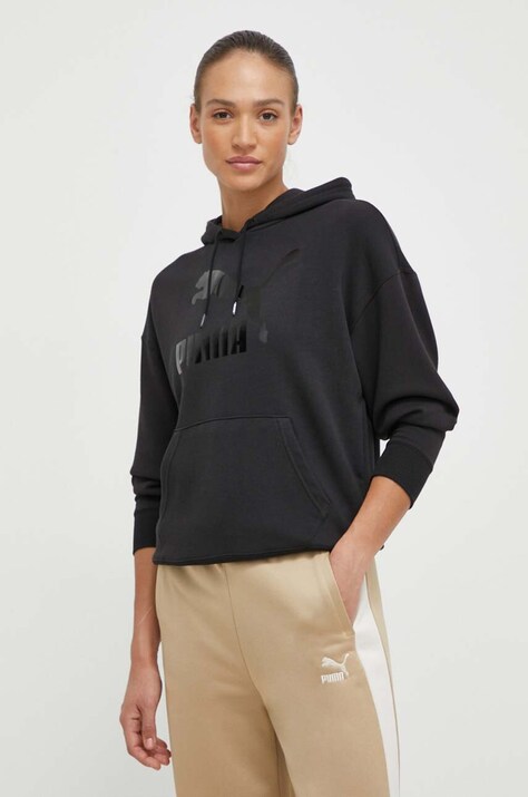 Puma bluză CLASSICS Shiny Logo Hoodie femei, culoarea negru, cu glugă, imprimeu, 625595