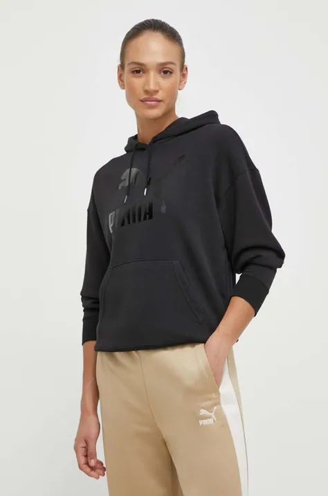 Puma sweatshirt CLASSICS Shiny Logo Hoodie women's black color hooded with a print 625595
