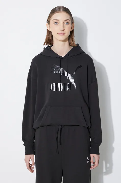Puma bluză CLASSICS Shiny Logo Hoodie femei, culoarea negru, cu glugă, imprimeu, 625595