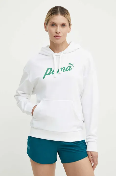 Dukserica Puma za žene, boja: bijela, s kapuljačom, s tiskom, 679348