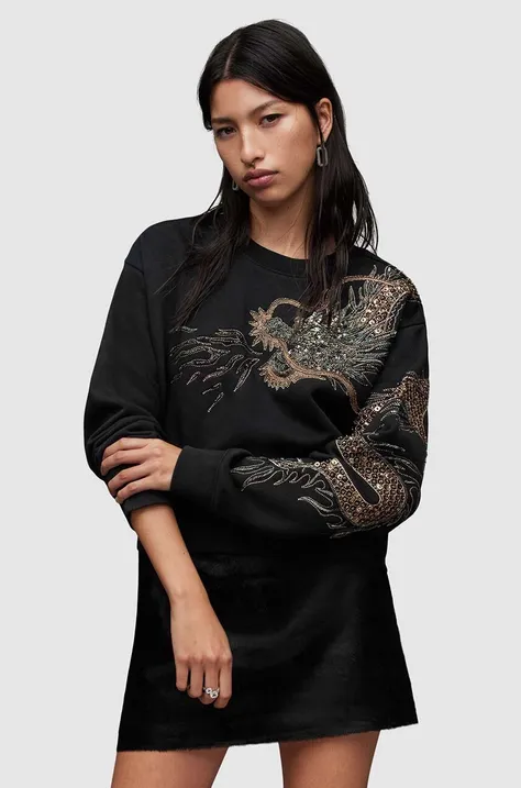 AllSaints bluza bawełniana Dragon damska kolor czarny z aplikacją