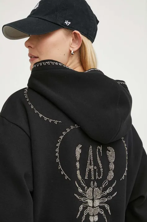 Mikina AllSaints SCORPION dámská, černá barva, s kapucí, s potiskem