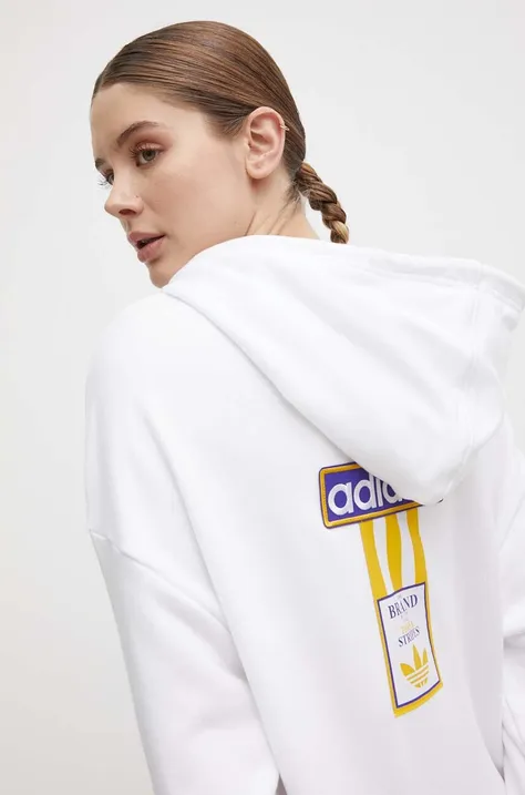 Pamučna dukserica adidas Originals za žene, boja: bijela, s kapuljačom, s aplikacijom, IS2435