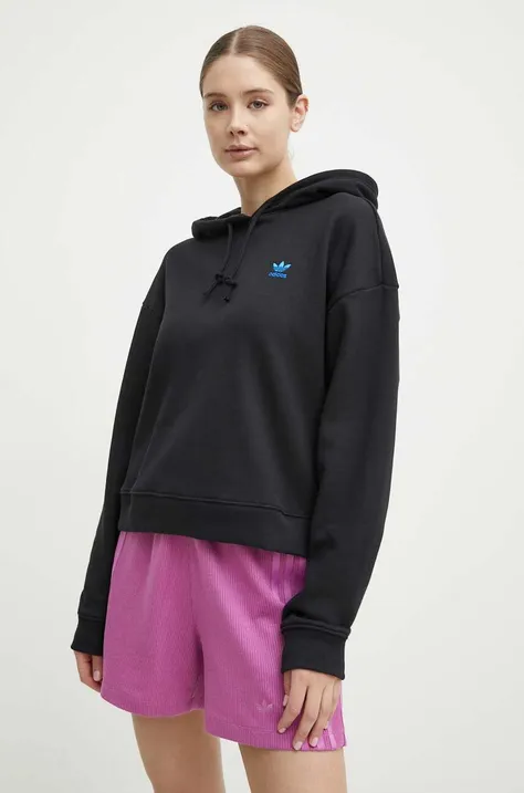 Bombažen pulover adidas Originals ženski, črna barva, s kapuco, IU2458