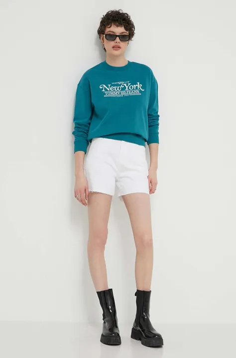 Pamučna dukserica Tommy Jeans za žene, boja: tirkizna, s aplikacijom, DW0DW17786