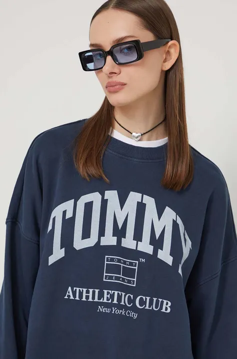 Pamučna dukserica Tommy Jeans za žene, boja: tamno plava, s tiskom