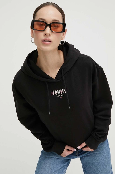 Pulover Tommy Jeans ženska, črna barva, s kapuco