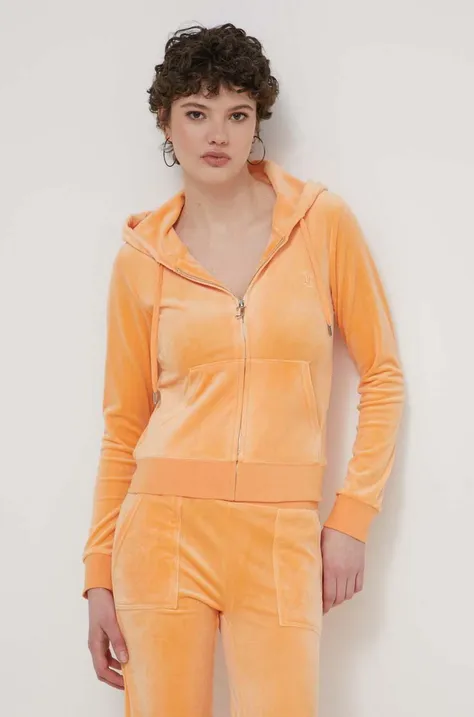 Juicy Couture bluza welurowa kolor pomarańczowy z kapturem z aplikacją