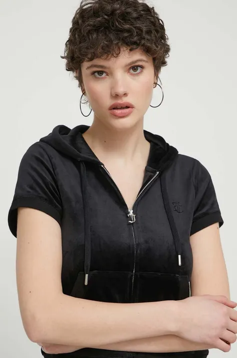 Dukserica od velura Juicy Couture boja: crna, s kapuljačom, s aplikacijom