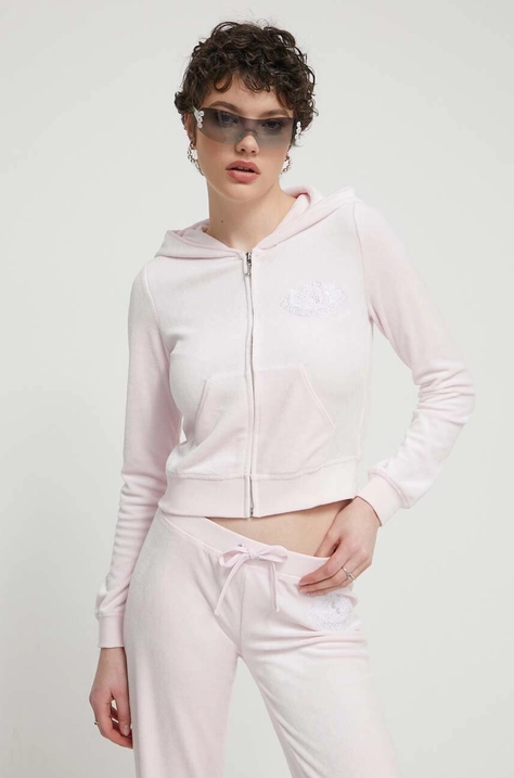 Кофта из велюра Juicy Couture цвет розовый с капюшоном с аппликацией