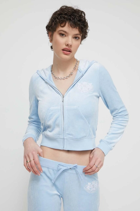 Кадифен суичър Juicy Couture в синьо с качулка с апликация