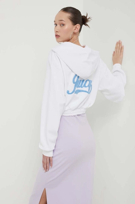 Juicy Couture bluza femei, culoarea alb, cu glugă, cu imprimeu