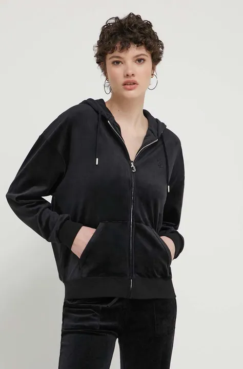 Velurová mikina Juicy Couture černá barva, s kapucí, s aplikací