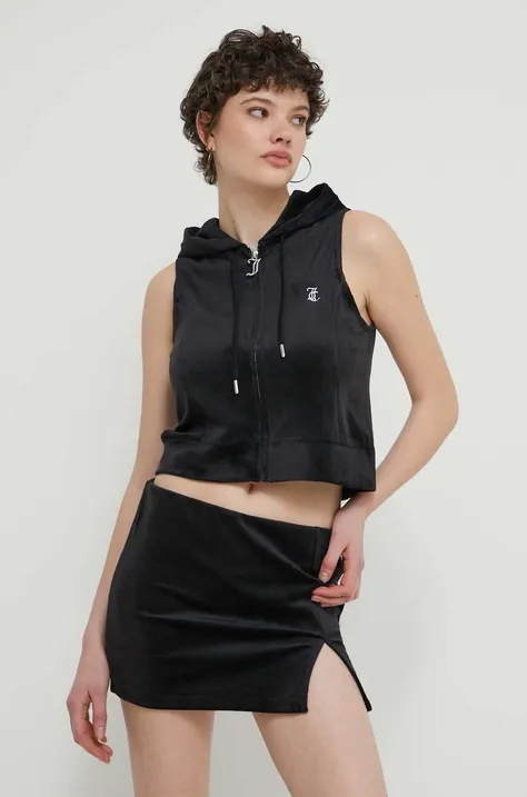 Velurová vesta Juicy Couture černá barva, s kapucí, s aplikací