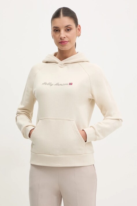 Mikina Helly Hansen dámska, béžová farba, s kapucňou, s nášivkou, 54239