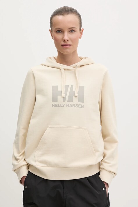Helly Hansen bluza bawełniana HH LOGO 2.0 damska kolor beżowy z kapturem z nadrukiem 34460