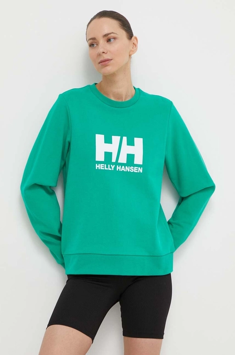 Pamučna dukserica Helly Hansen za žene, boja: zelena, s tiskom, 34462