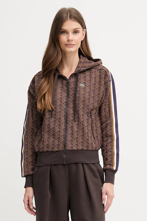Lacoste bluza damska kolor brązowy z kapturem wzorzysta SF7606